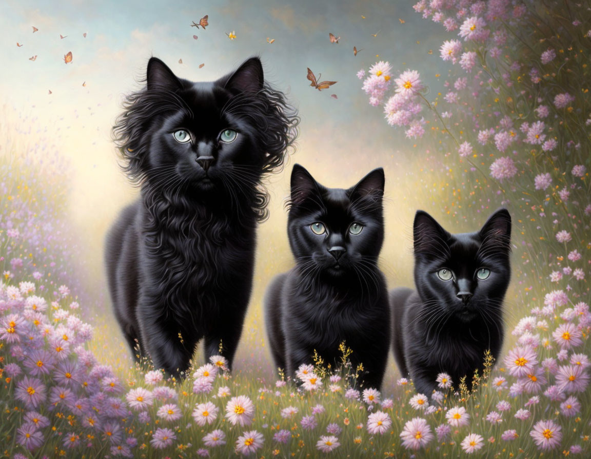 Black Cats Walking Through a Field of Daisies 