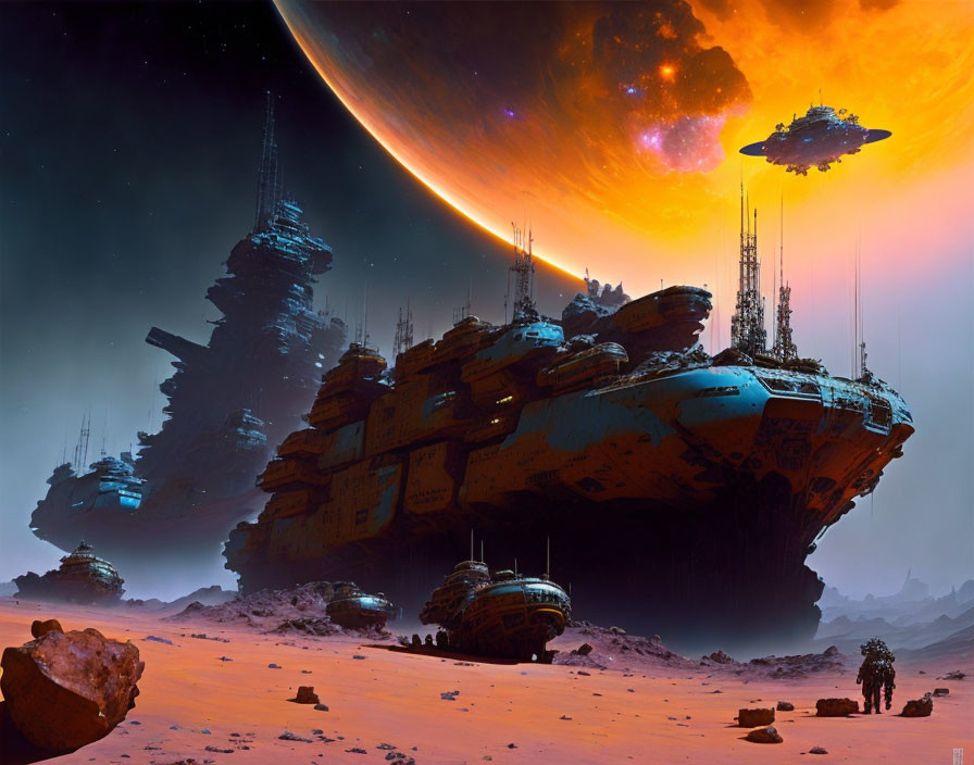 Futuristic alien landscape with towering structures and floating ships