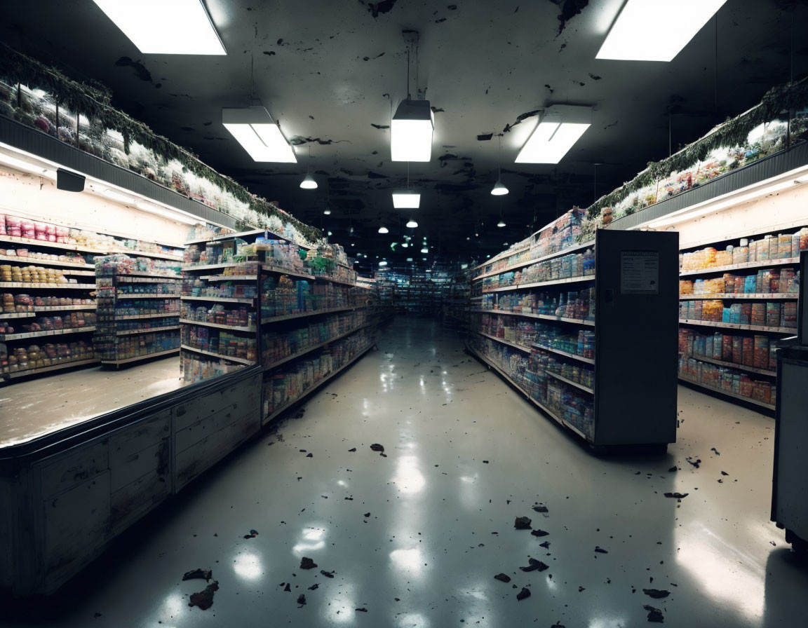 Desolate supermarket aisle with overgrown plants and debris