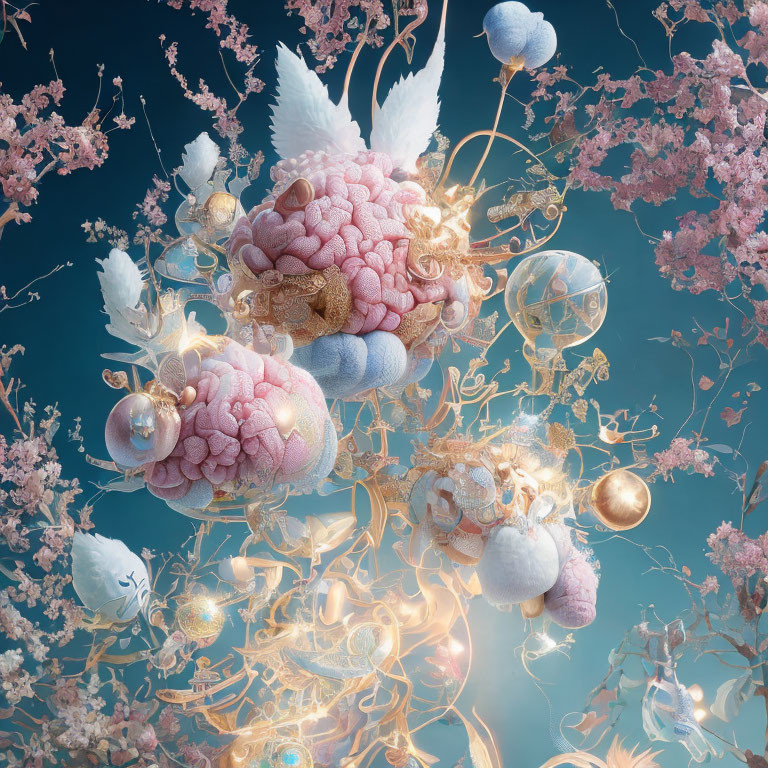 Ethereal composition: Blooming cherry branches, pink clouds, feathers, and orbs on blue.