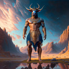 Golden-armored bull-headed humanoid in desert landscape under dramatic sky.