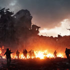 Soldiers walking towards war-torn city at sunset