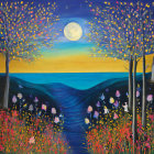 Night scene painting: full moon, starry sky, meadow, sea, silhouetted