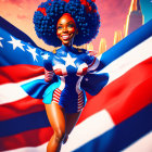 Colorful smiling woman in patriotic superhero costume with blue curly hair and American flag cape in cityscape