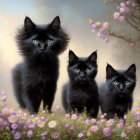Three black cats with green eyes in pink flower field with butterflies