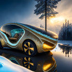 Golden sports car by tranquil lake at sunset with snowy forest and unique round tree.