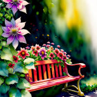 Park bench surrounded by sunflowers and lilac blooms on sunny day