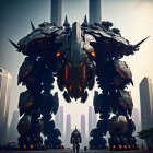 Giant futuristic mech confronts soldiers in urban landscape.