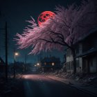 Desolate urban street at night with cherry blossom tree and red moon