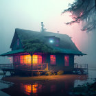 Thatched Roof Cabin on Stilts in Mystical Forest Scene
