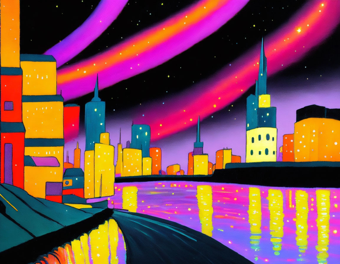 Neon cityscape with reflective waterway and aurora-filled night sky.