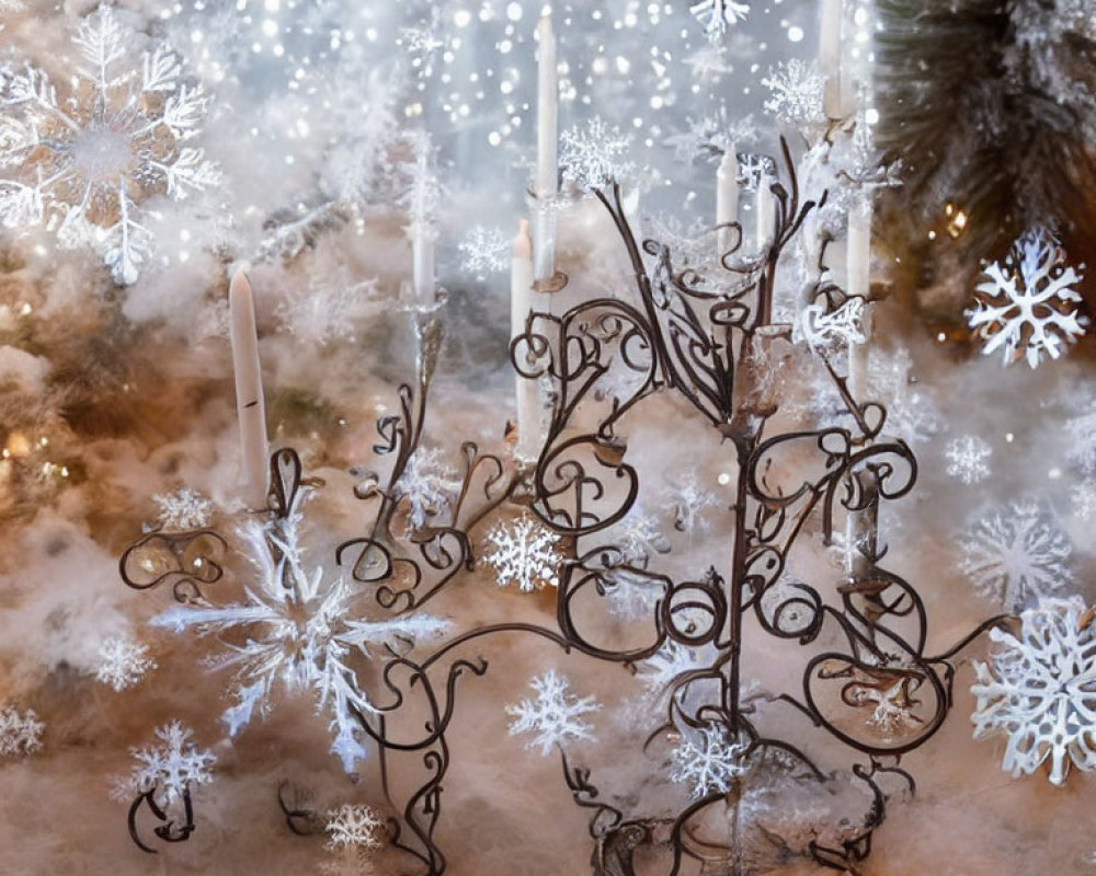Decorative metal tree, candles, snowflakes, and twinkling lights in festive display