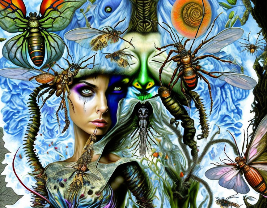 Colorful surreal artwork: woman's face with insects & nature elements
