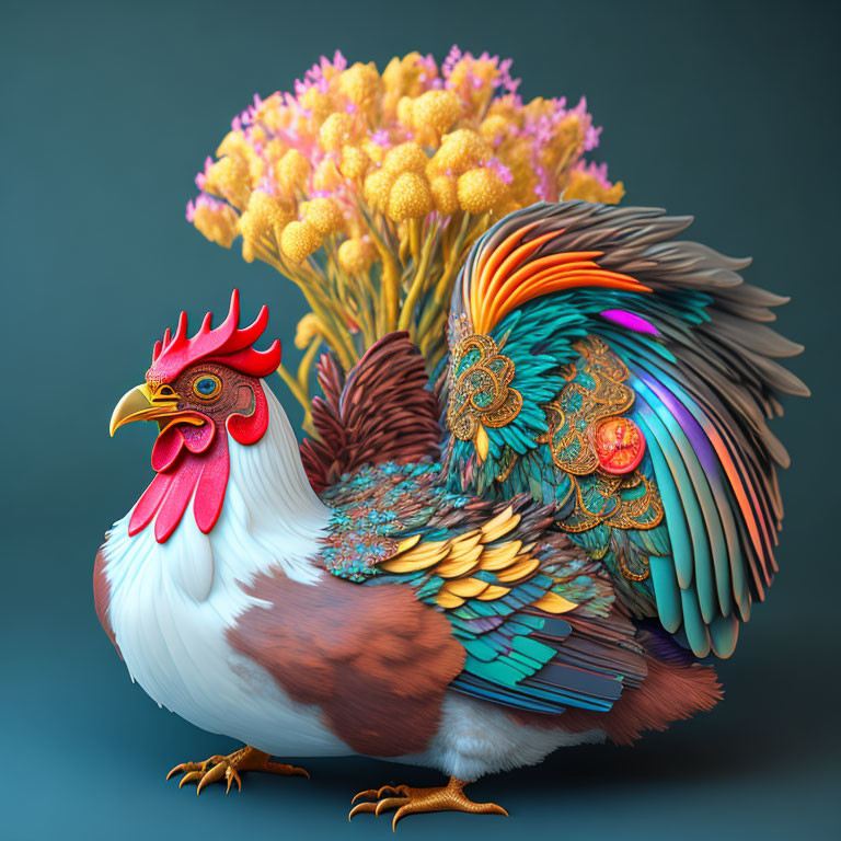 Colorful Rooster Artwork with Intricate Feather Patterns and Yellow Flower Bouquet