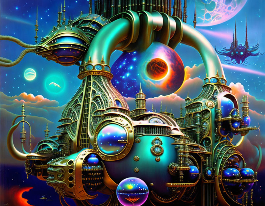 Fantastical celestial city with futuristic structures and glowing orbs