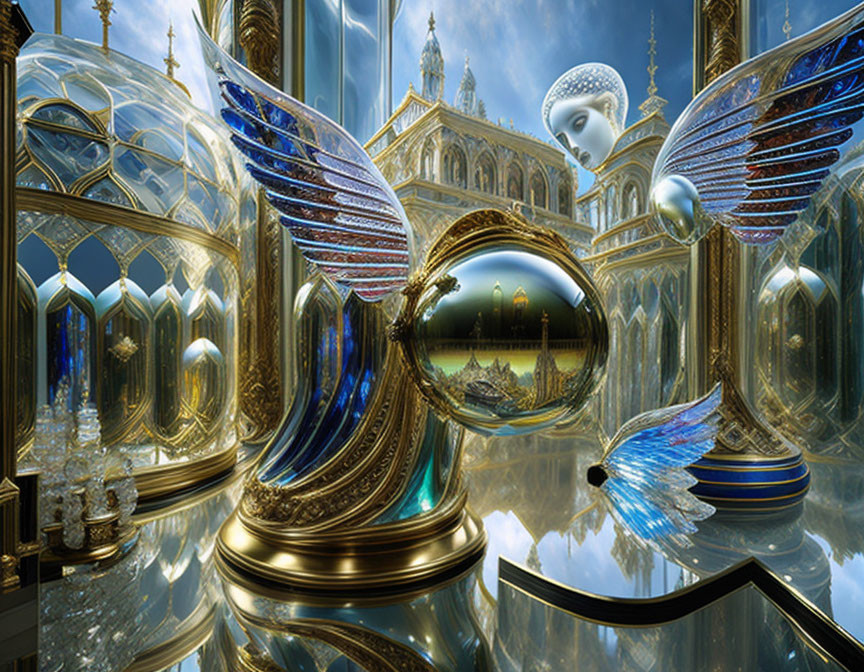 Golden architecture, angelic wings, hovering sphere in surreal sky scene