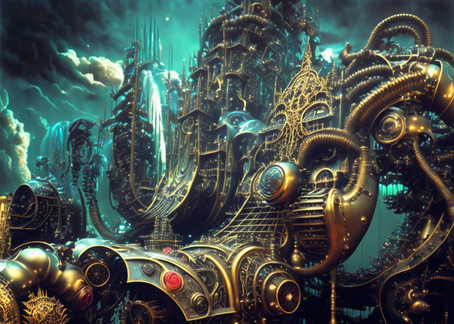 Intricate Biomechanical Cityscape with Organic and Mechanical Structures