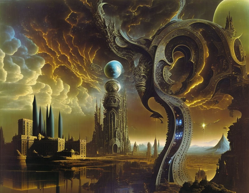 Fantasy landscape with ornate buildings, river, celestial bodies, and surreal sky