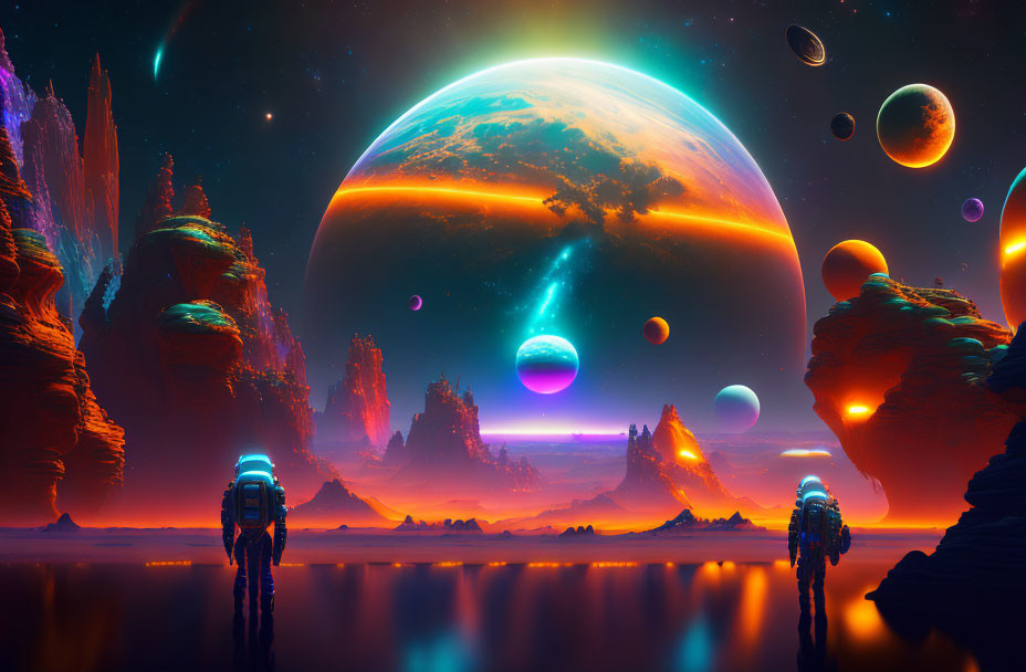 Vibrant surreal alien landscape with figures and giant planet