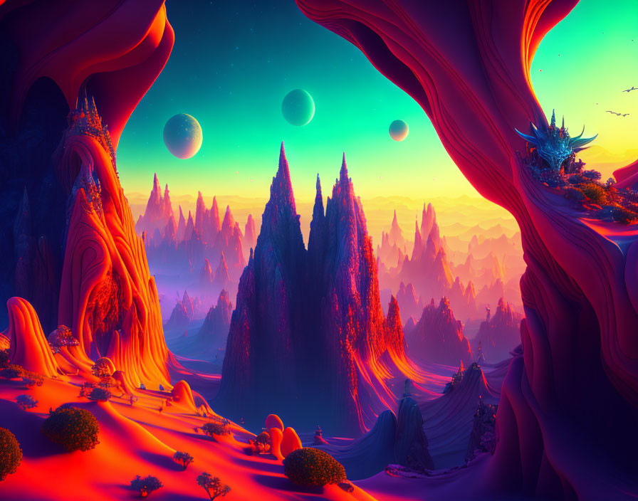Alien landscape with purple skies, moons, rock formations, and glowing flora