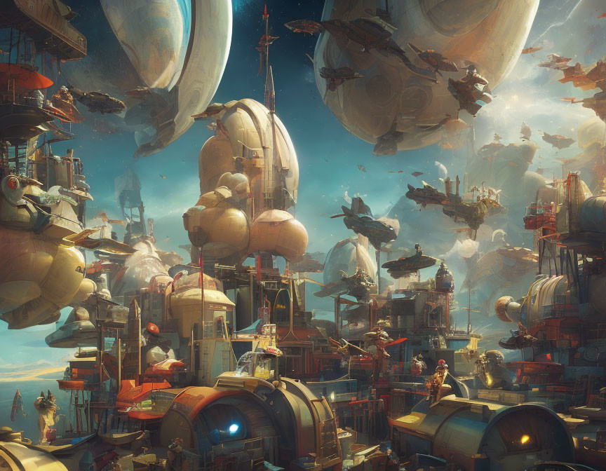 Futuristic sci-fi cityscape with floating structures and airships