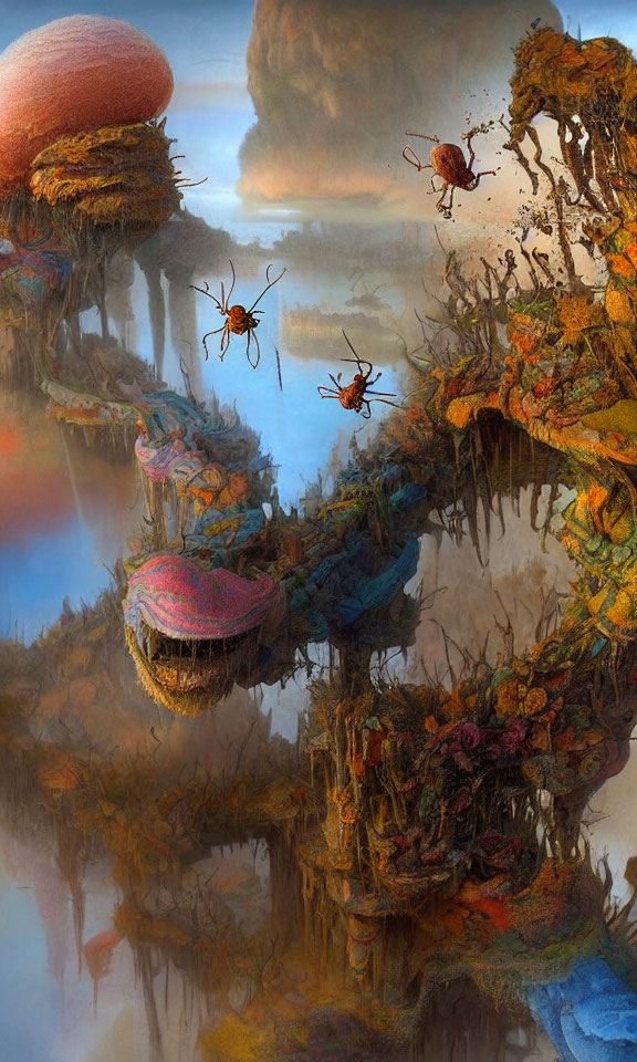 Fantastical landscape with floating islands, vibrant vegetation, and oversized insects above reflective water.