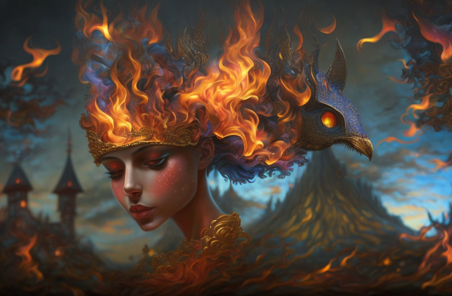 Woman with flaming crown and dragon-like creature in twilight setting