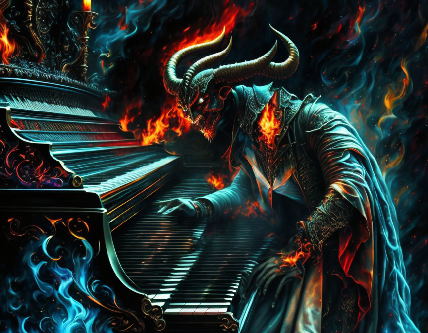 Skeletal figure with horns playing grand piano in fiery scene