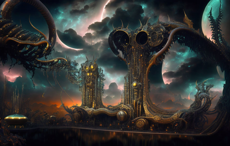 Surreal dark landscape with alien-like towers under stormy sky