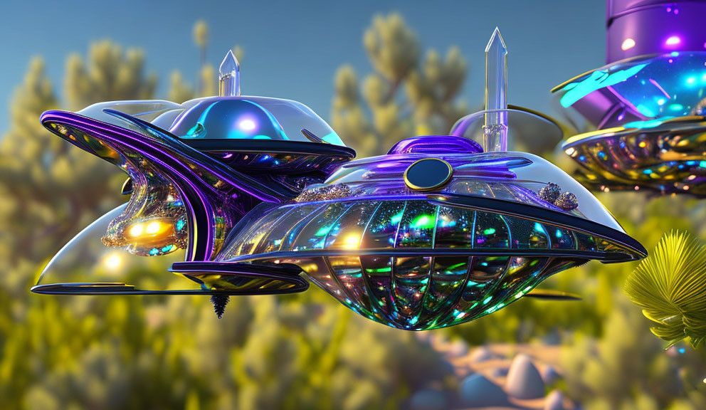 Iridescent Flying Saucers in Futuristic Fantasy Environment