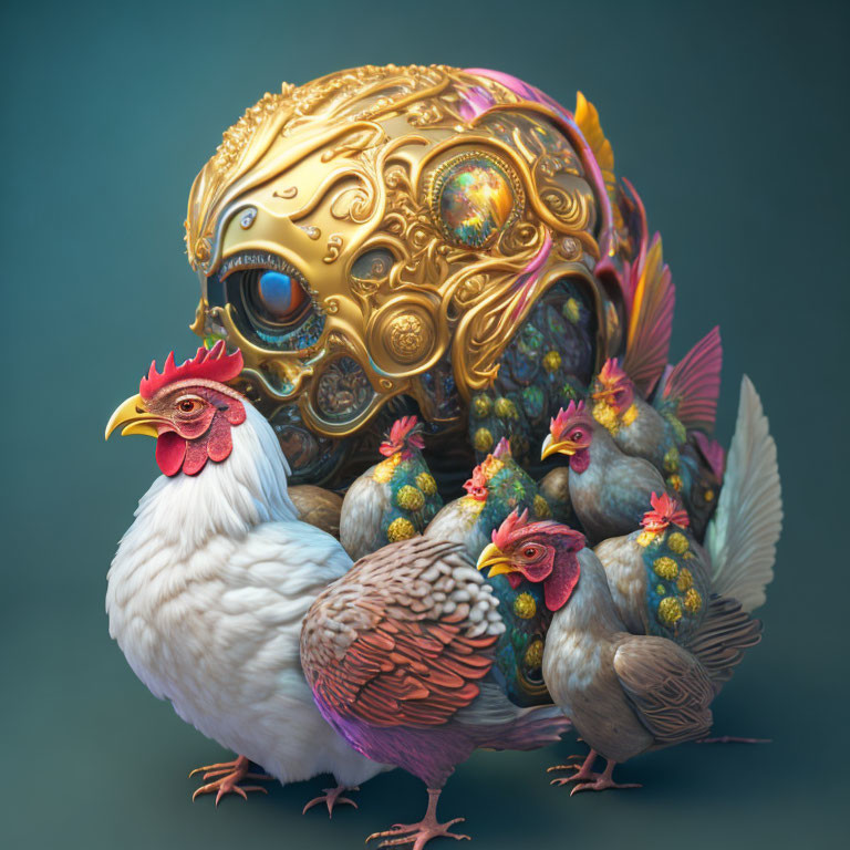 Surreal image of chickens with golden helmet on large hen, teal backdrop