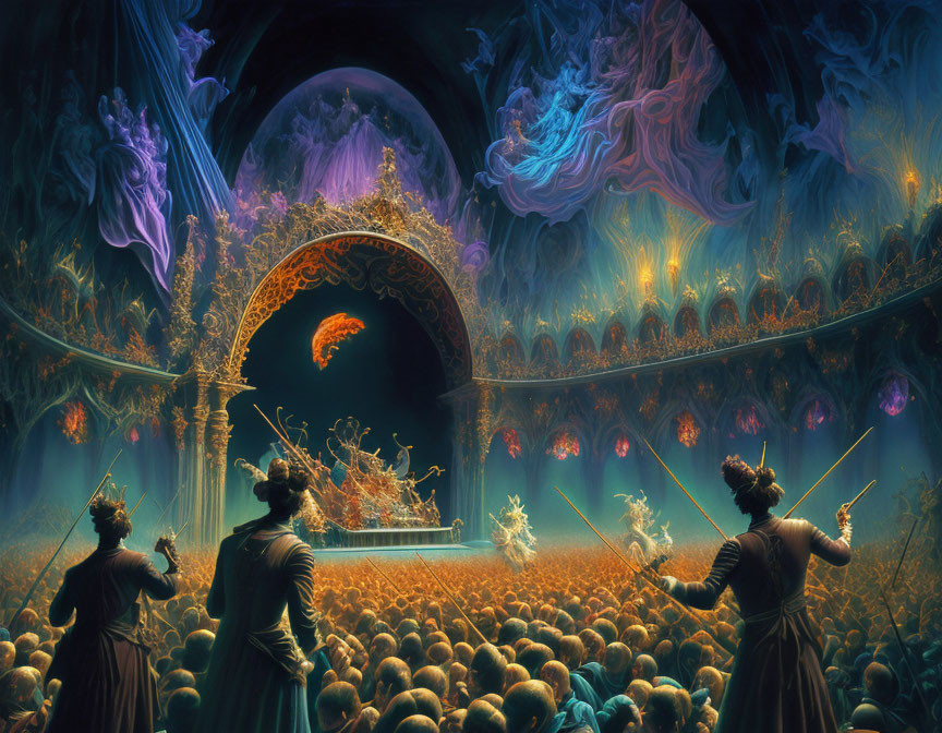 Mystical orchestra scene with celestial audience and vibrant entities