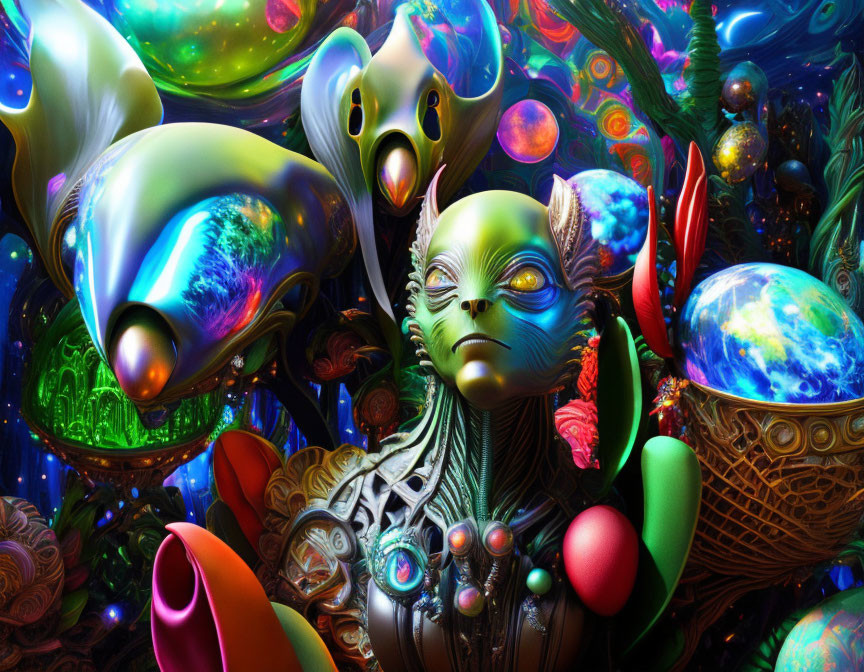 Vibrant alien creature with metallic balloons in surreal digital art