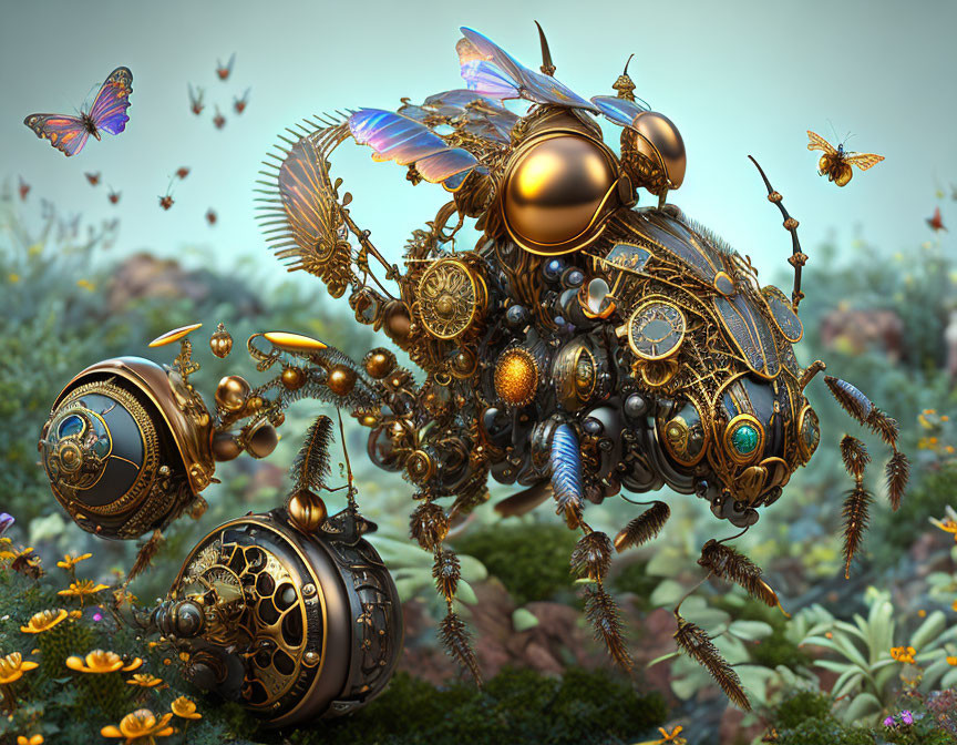 Steampunk mechanical bee with gears, butterflies, and nature backdrop