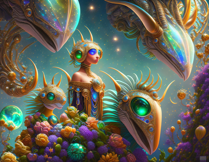 Ornate alien-like beings in golden jewelry among surreal flora