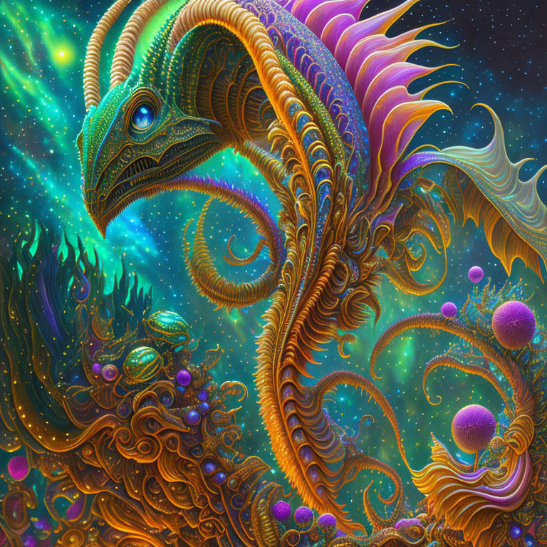 Colorful surreal dragon in cosmic setting