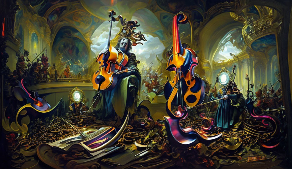 Surreal anthropomorphic violins in ornate hall with classical paintings