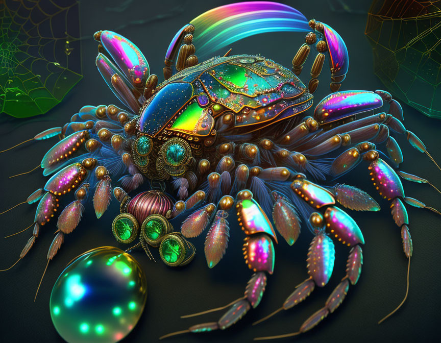 Colorful digital artwork: Mechanical crab on dark circuit background
