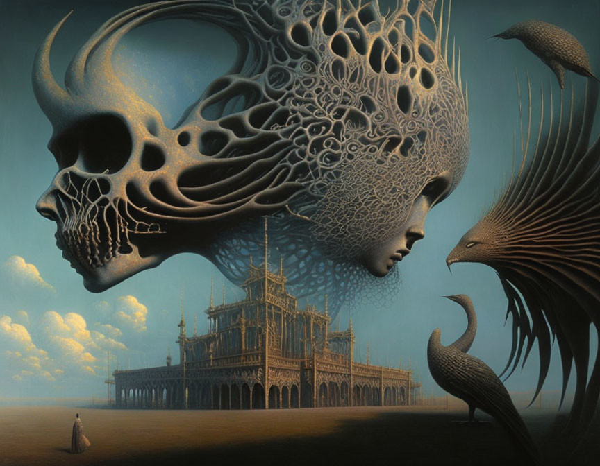 Skull and woman's face merge in surrealistic artwork