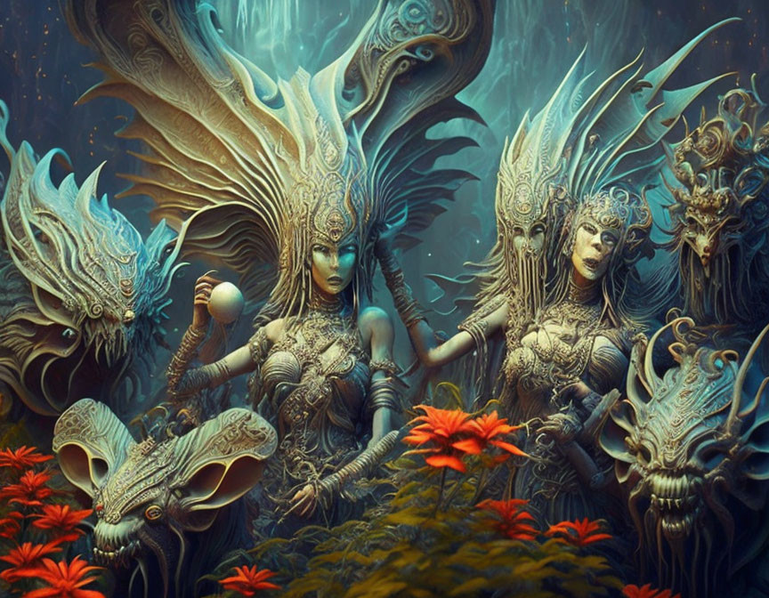 Mystical armored figures in fantastical forest with red flowers