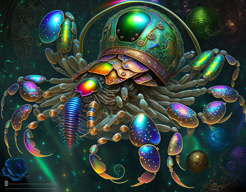 Colorful surreal mechanical spider art in fantasy setting