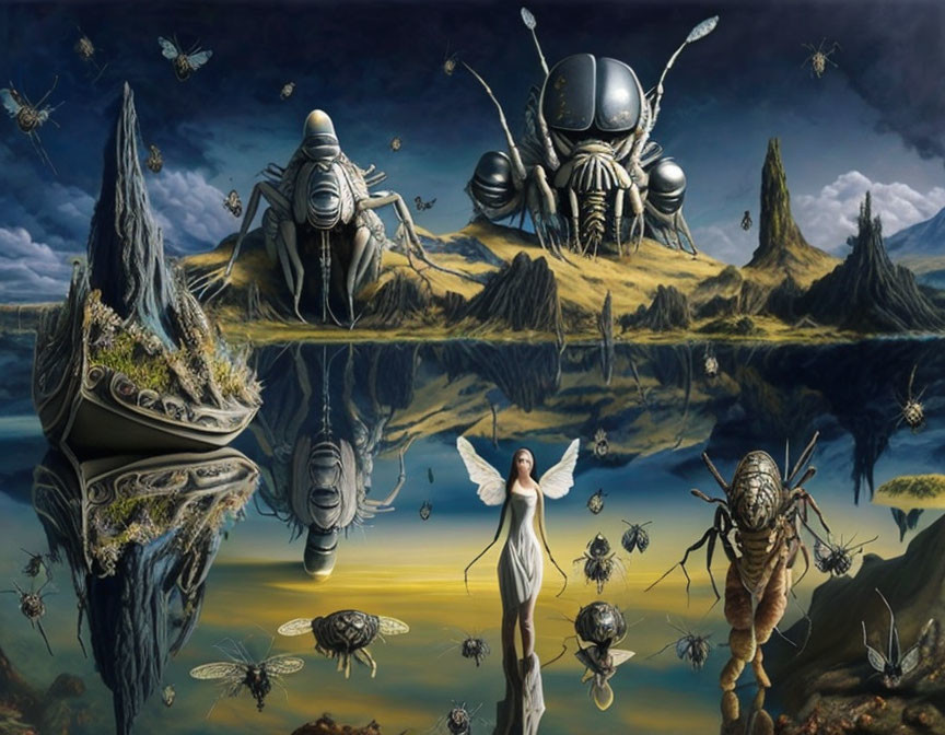 Surreal landscape with giant insect creatures, winged woman, and floating islands
