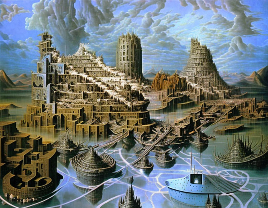 Fantastical cityscape with grand structures, bridges, water channels, submarine, and dramatic sky