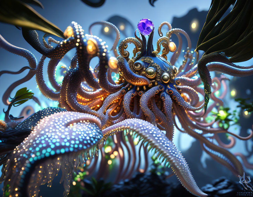 Glowing octopus with gemstone in underwater scene