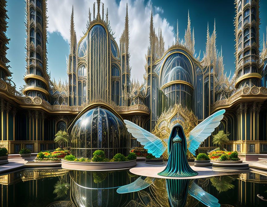 Gothic-style towers with iridescent wings figure by serene pool