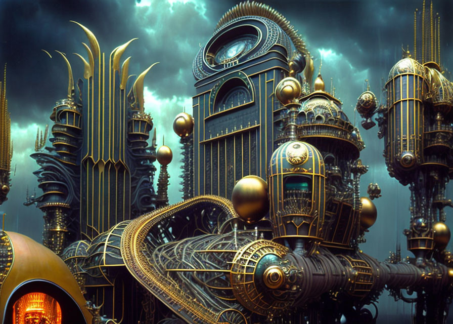 Steampunk cityscape with golden structures, clock elements, and intricate railways under dramatic sky.