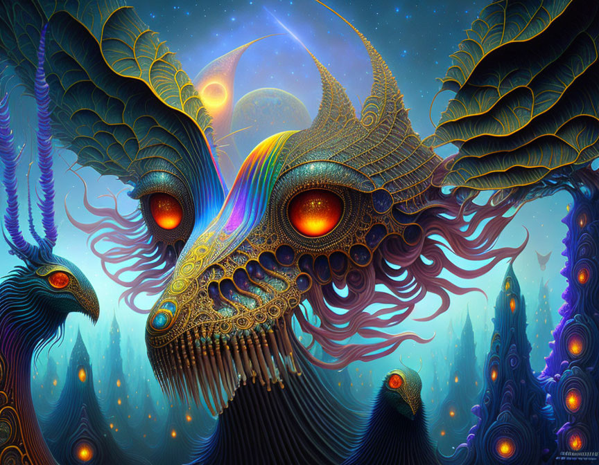 Colorful Fantastical Creatures in Cosmic Landscape with Stars