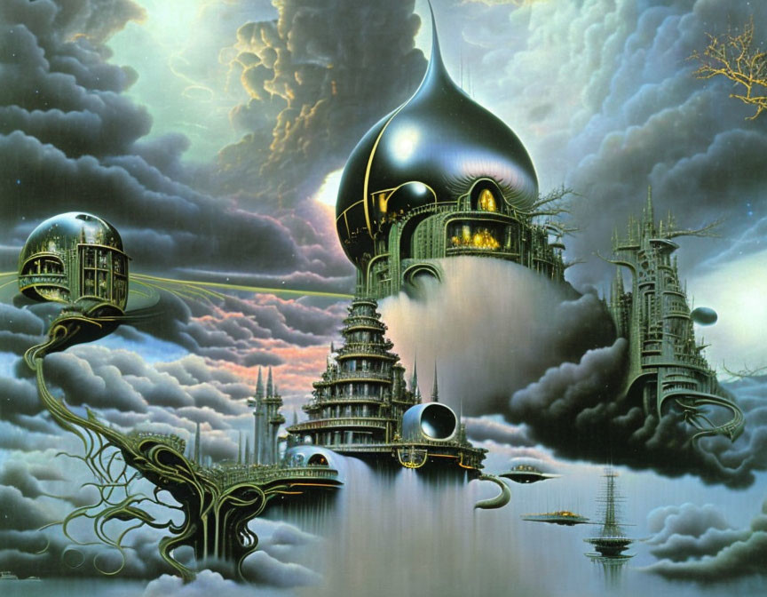 Fantastical landscape with domes, spires, and ship-like vessel on water