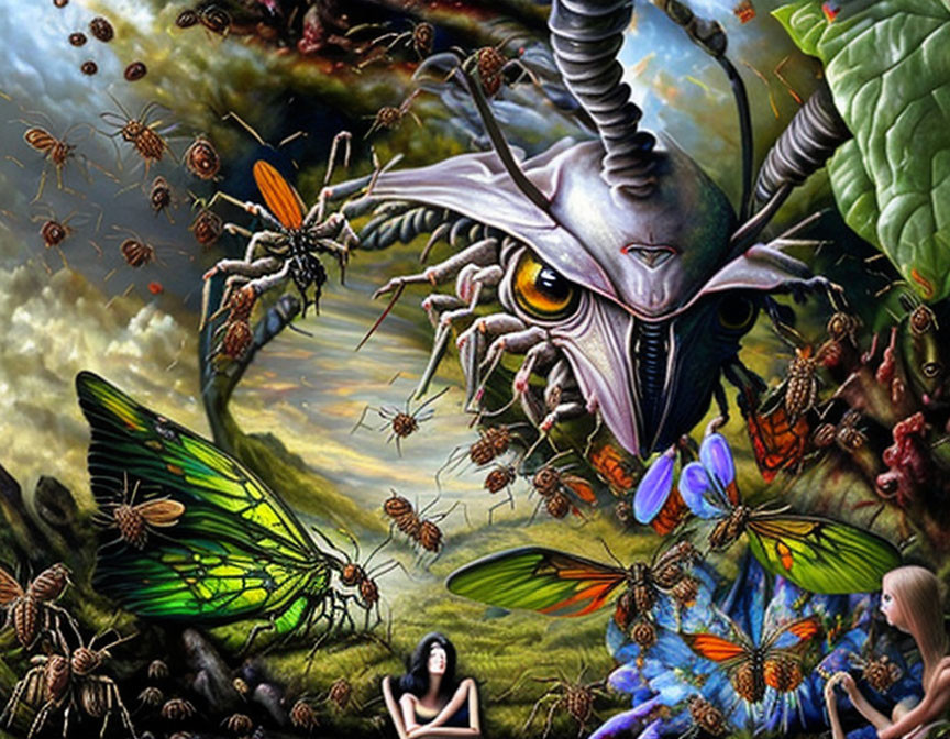 Fantastical Creature Surrounded by Oversized Insects in Dreamy Landscape
