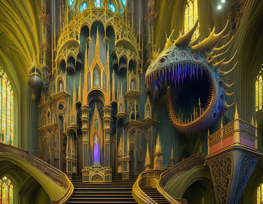 Grand cathedral interior merged with surreal sea monster creature
